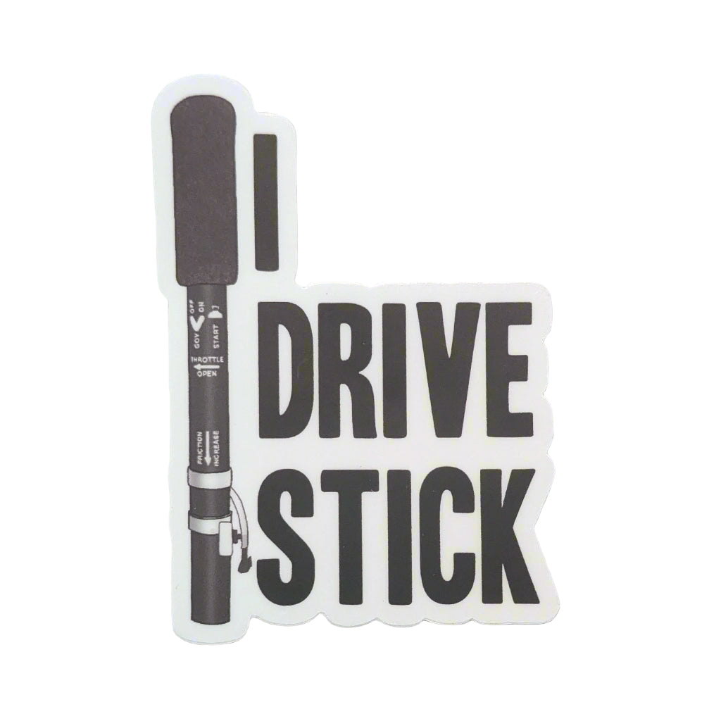 Sticker with 'Drive Stick' text and a graphic of a stick on a wooden surface